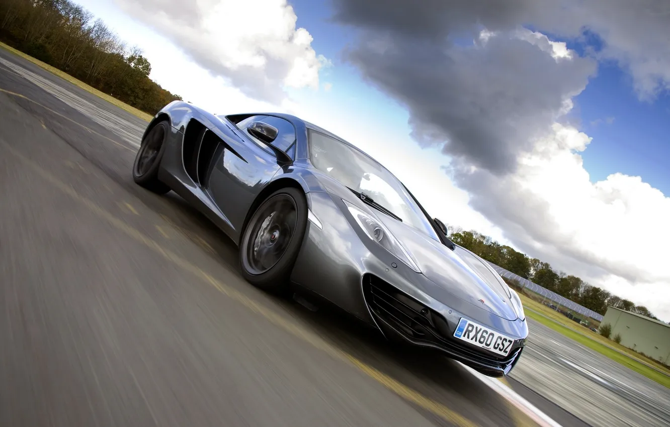 Photo wallpaper the sky, clouds, grey, McLaren, supercar, MP4-12C, the front, McLaren