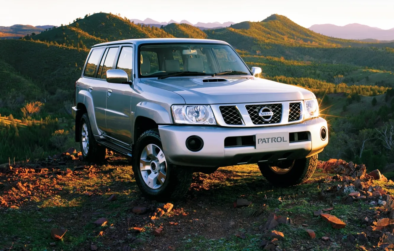 Photo wallpaper background, hills, Nissan, Nissan, the front, Patrol, Jeep.SUV, Patrol