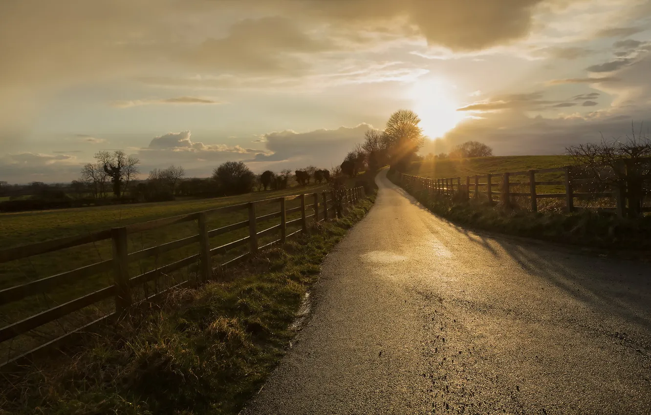 Photo wallpaper road, sunset, the fence