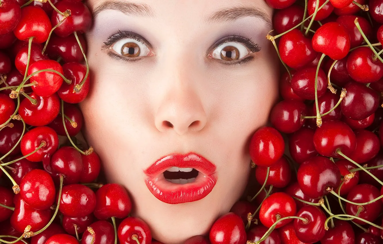 Photo wallpaper pretty, face, cherry, funny, cherries, silly, lipstick, surprise