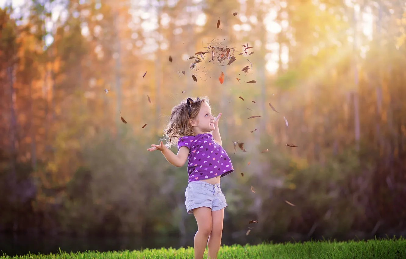 Photo wallpaper autumn, leaves, girl, bokeh