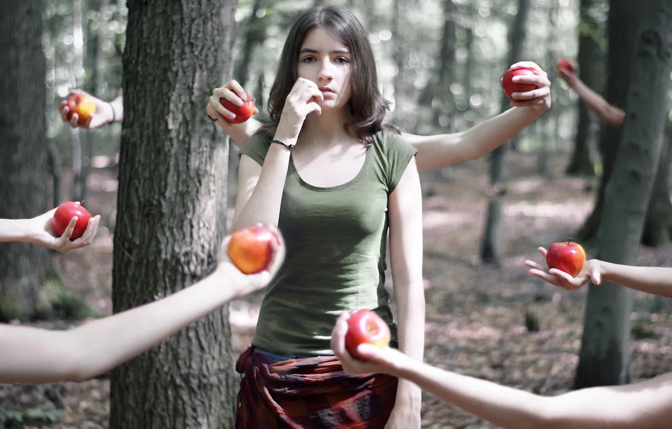 Photo wallpaper girl, abstraction, apples, hands