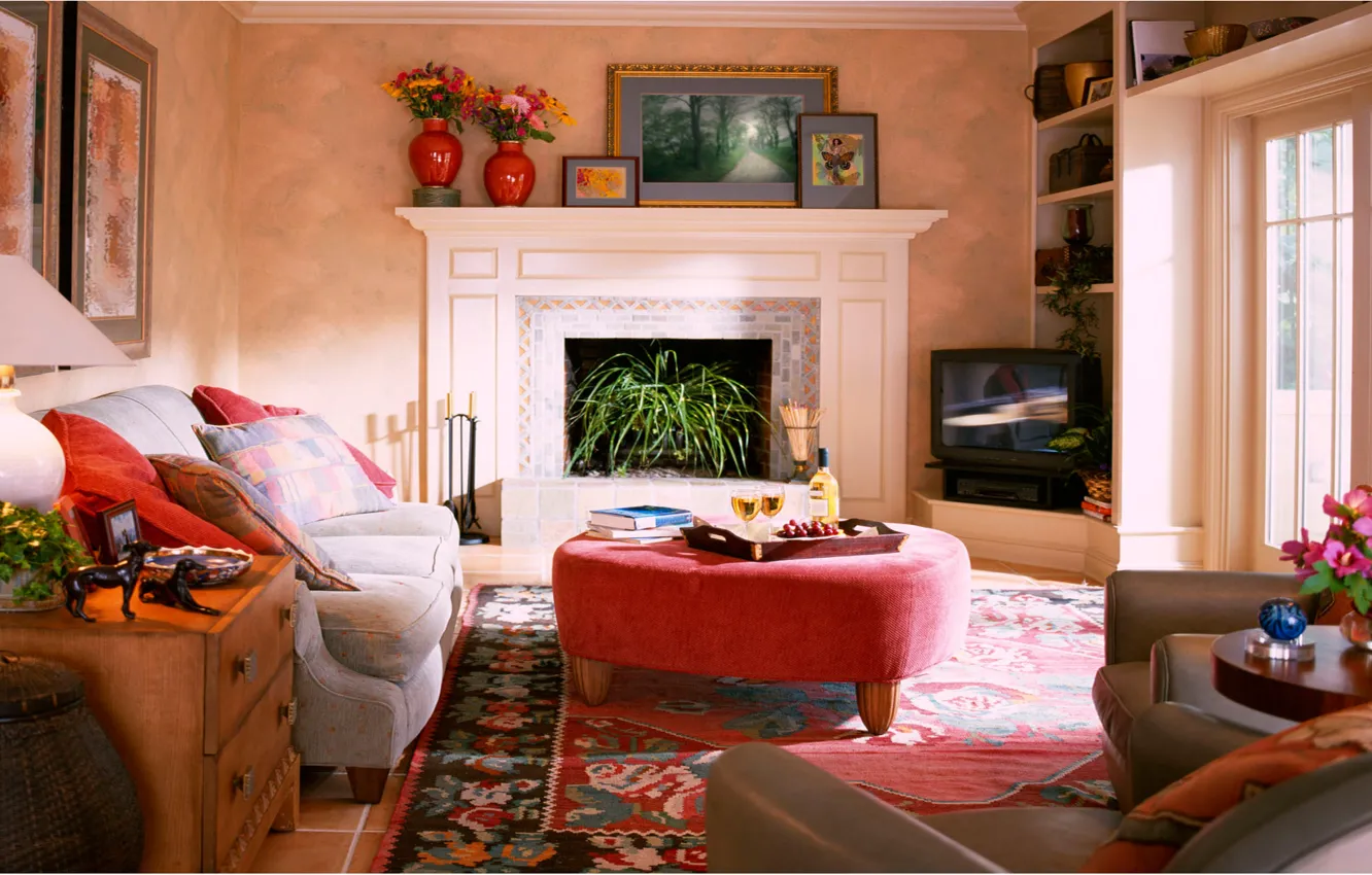 Photo wallpaper light, flowers, room, furniture, pillow, chest, shelves