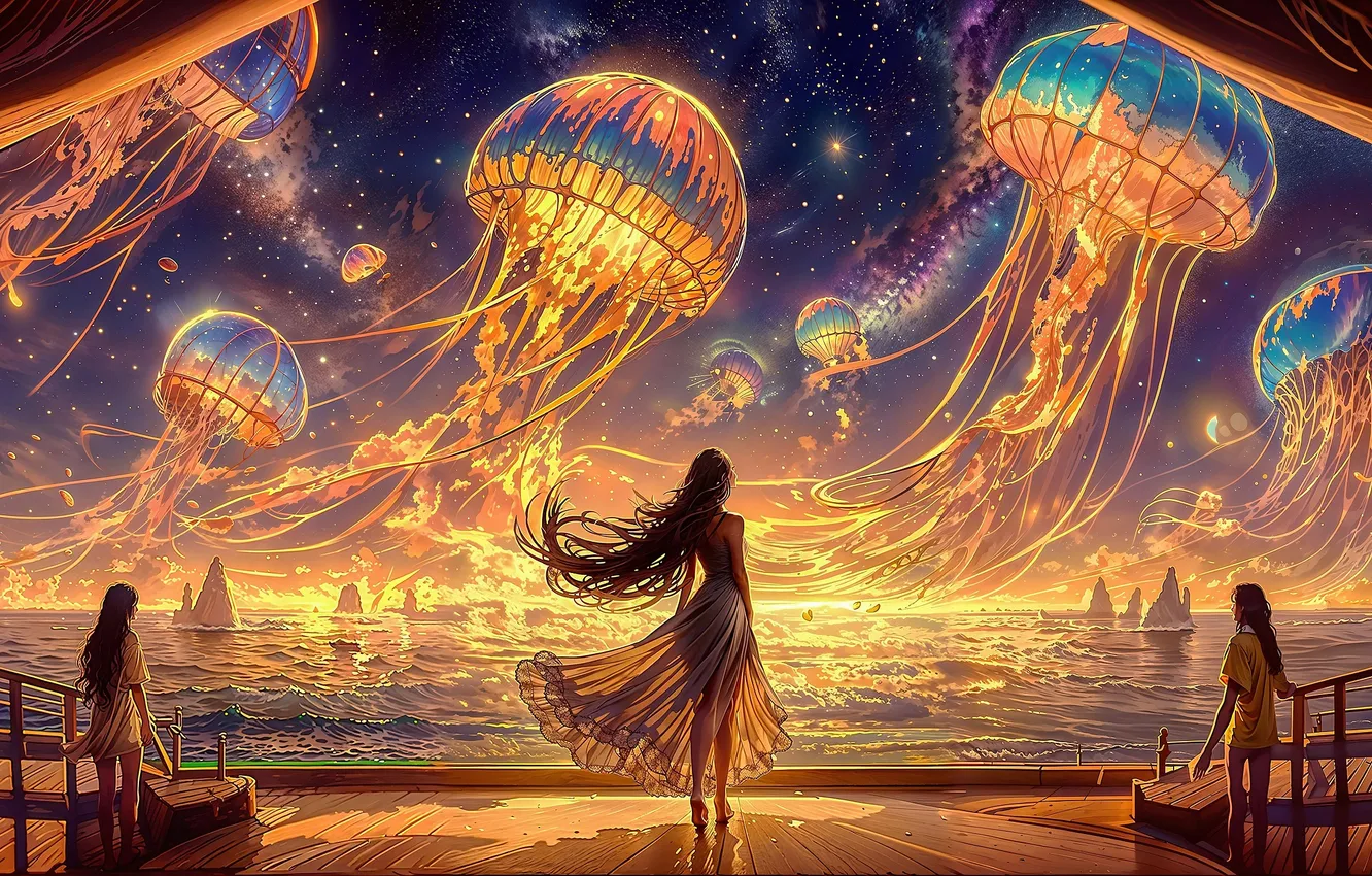 Photo wallpaper sea, girl, space, dawn, jellyfish