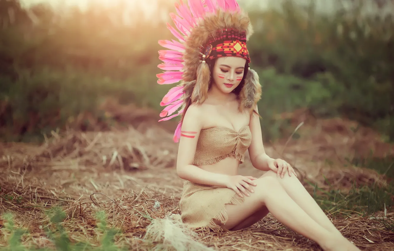 Photo wallpaper summer, face, style, model, hair, body, feathers, legs