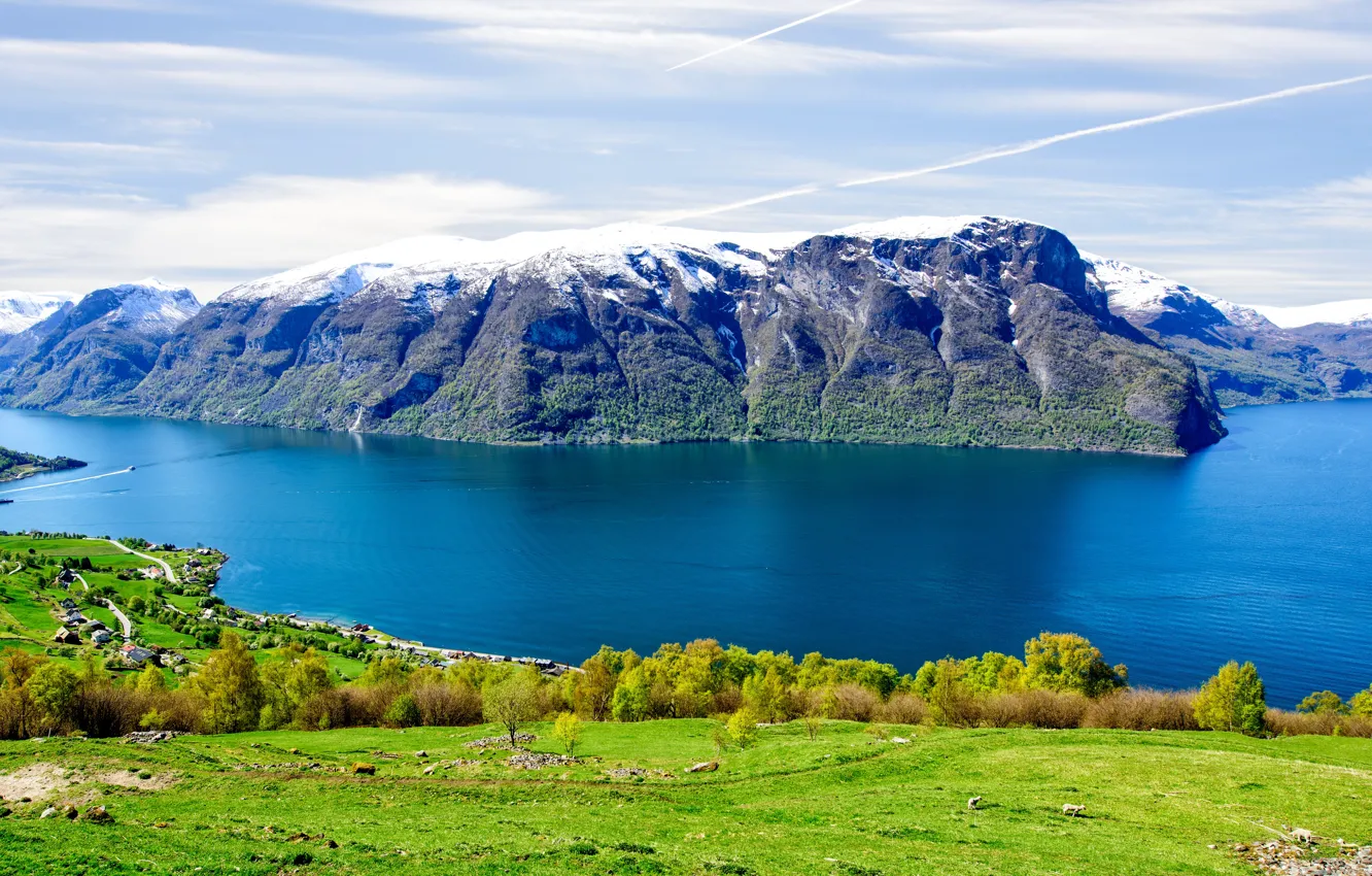 Photo wallpaper greens, field, trees, mountains, rocks, Norway, panorama, house