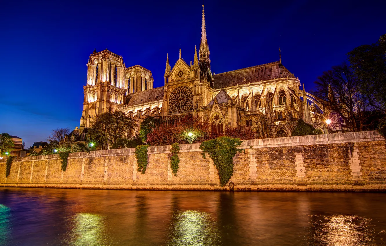 Photo wallpaper night, river, France, Paris, Paris, France, Notre Dame de Paris, Notre Dame de Paris