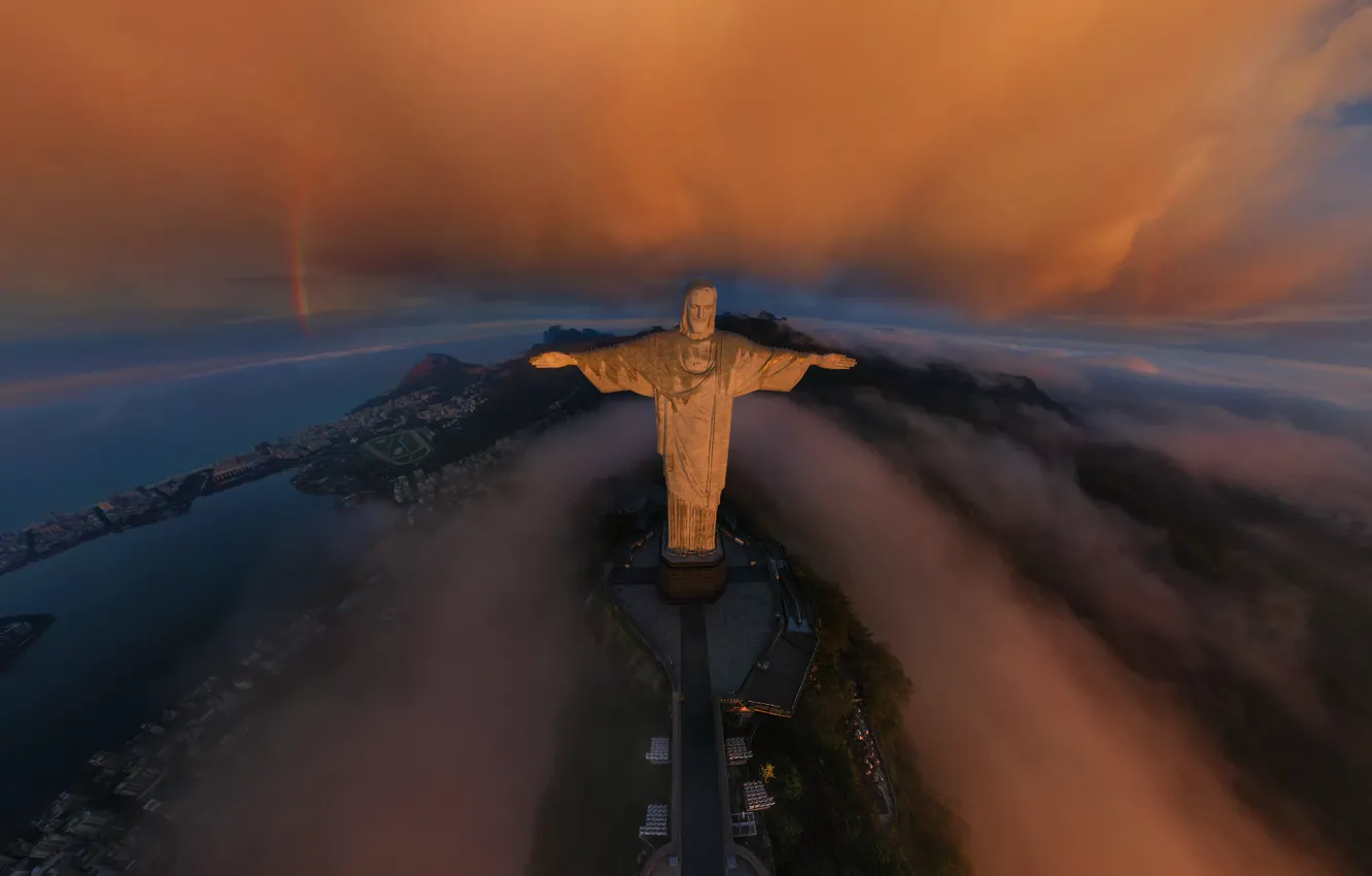 Photo wallpaper clouds, the city, sunrise, rainbow, Rio de Janeiro, Cristo Redentor, Rio de Janeiro, The Statue …