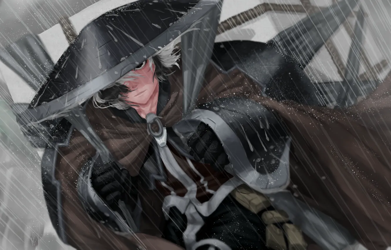 Photo wallpaper character, rain, hat, anime, digital art, artwork, Samurai, manga