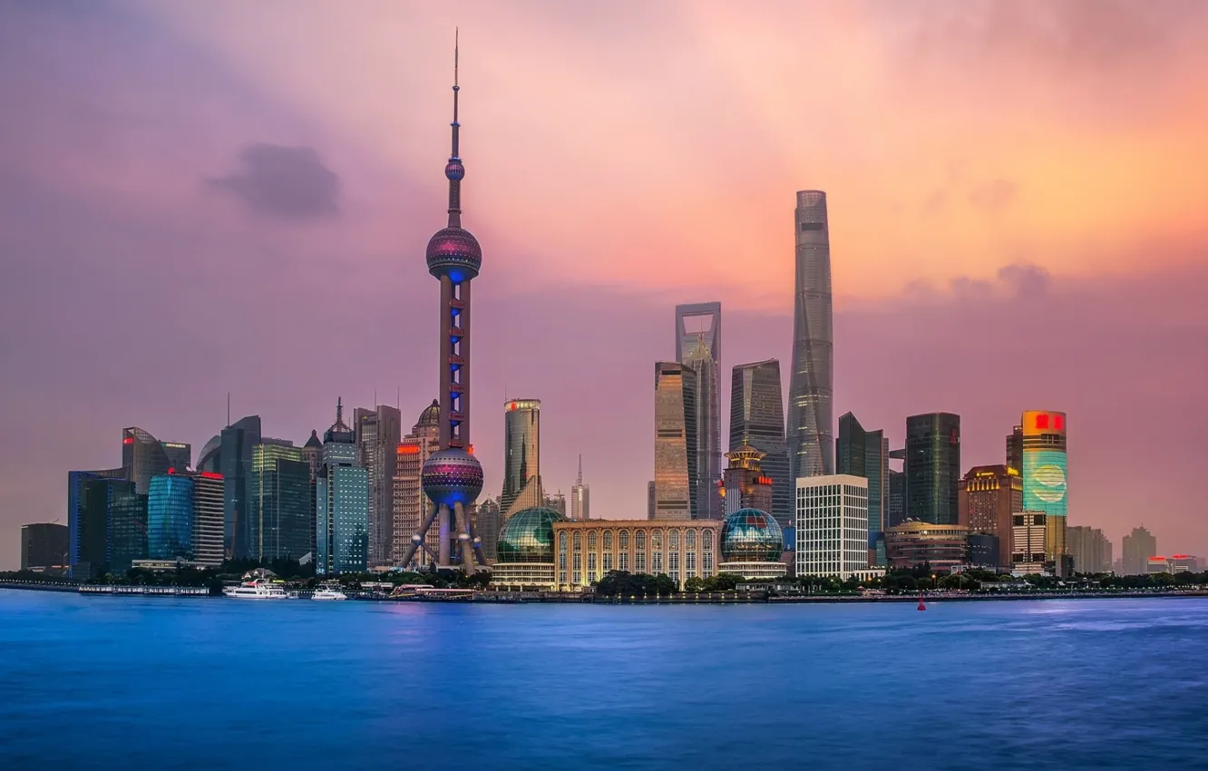 Photo wallpaper city, lights, China, Shanghai, twilight, tower, sky, sea