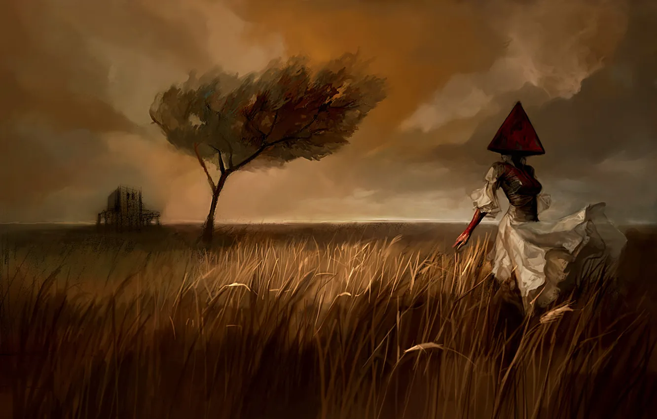 Photo wallpaper field, girl, trees, landscape, the wind, figure, dress, Pyramidology