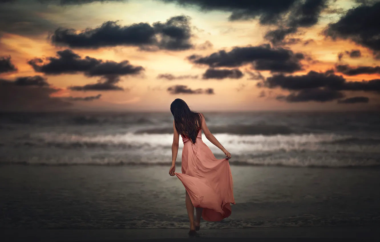 Photo wallpaper sea, the sky, girl, sunset, shore, hair, back, dress