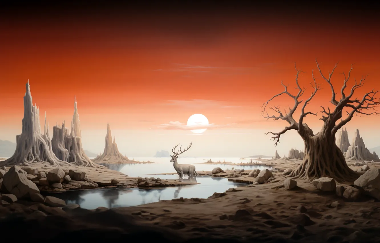 Photo wallpaper sky, landscape, water, clouds, rocks, sun, dusk, reflection