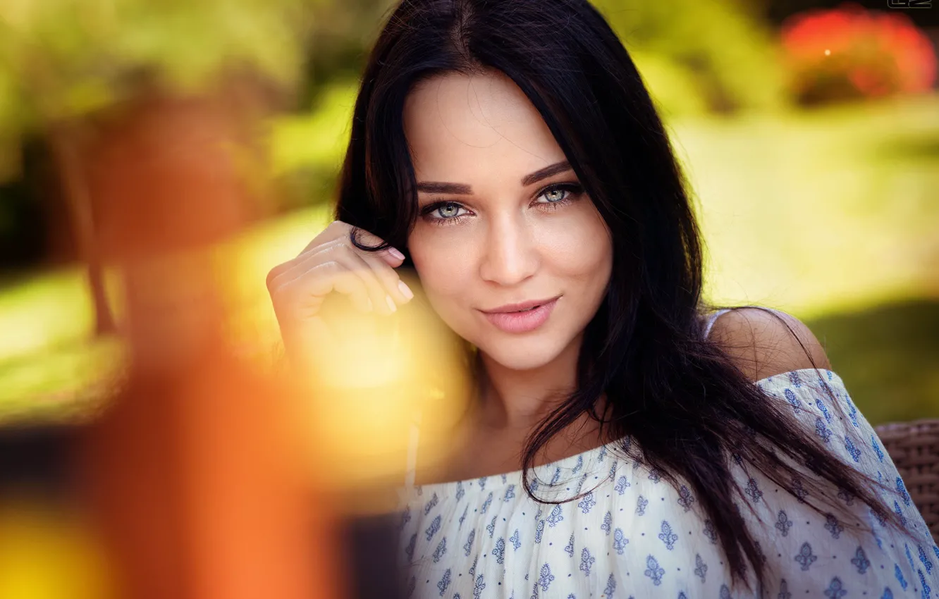 Photo wallpaper look, pose, smile, model, portrait, hands, makeup, brunette