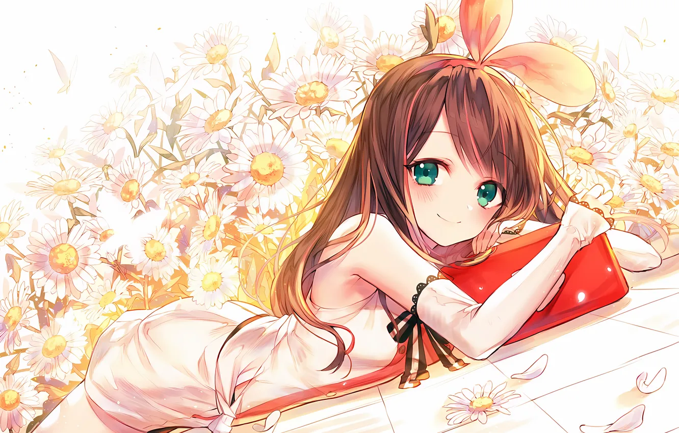Photo wallpaper girl, green eyes, long hair, dress, anime, flowers, beautiful, pretty