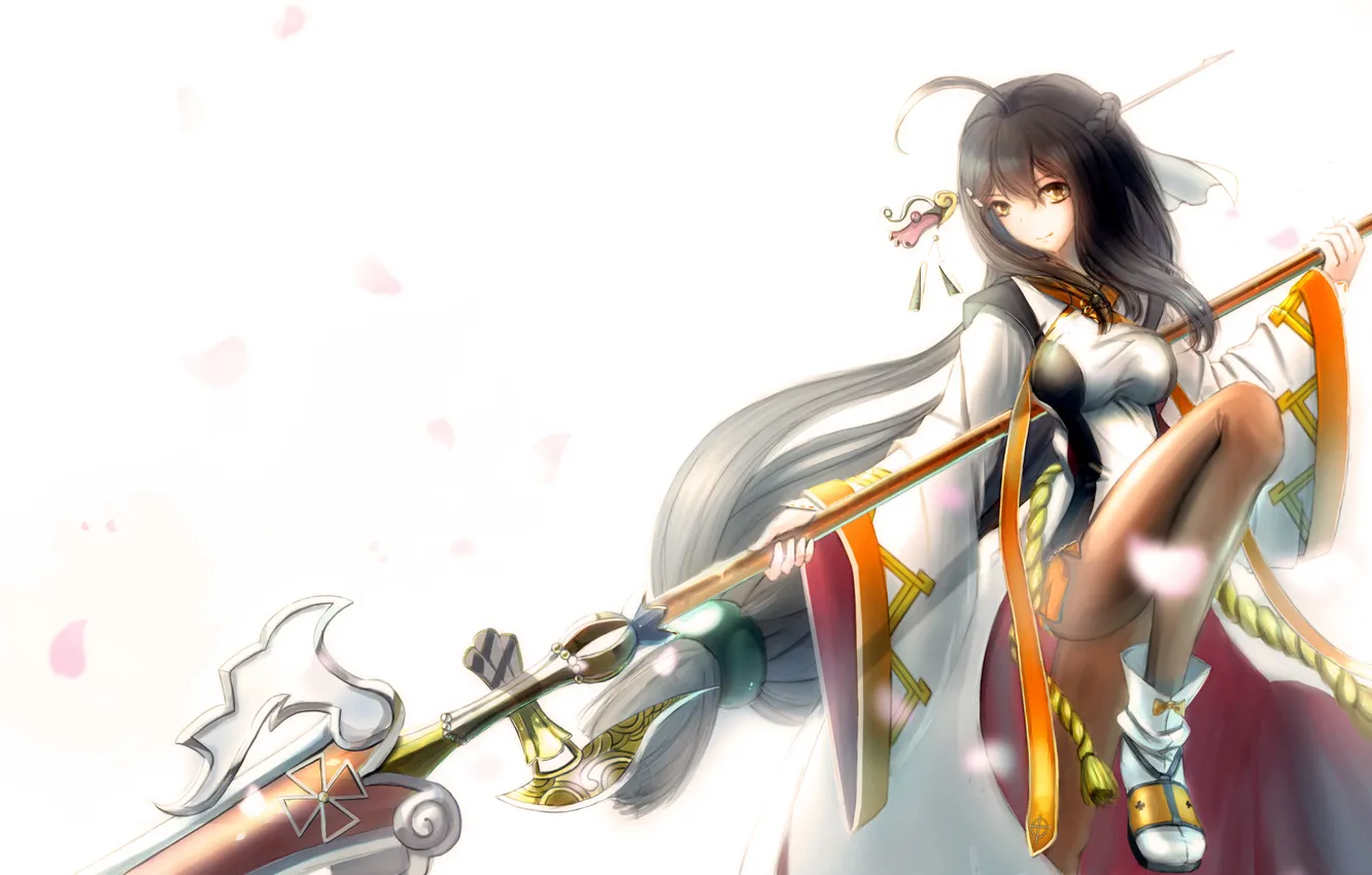 Photo wallpaper look, girl, smile, weapons, art, ara, simple background, kikivi