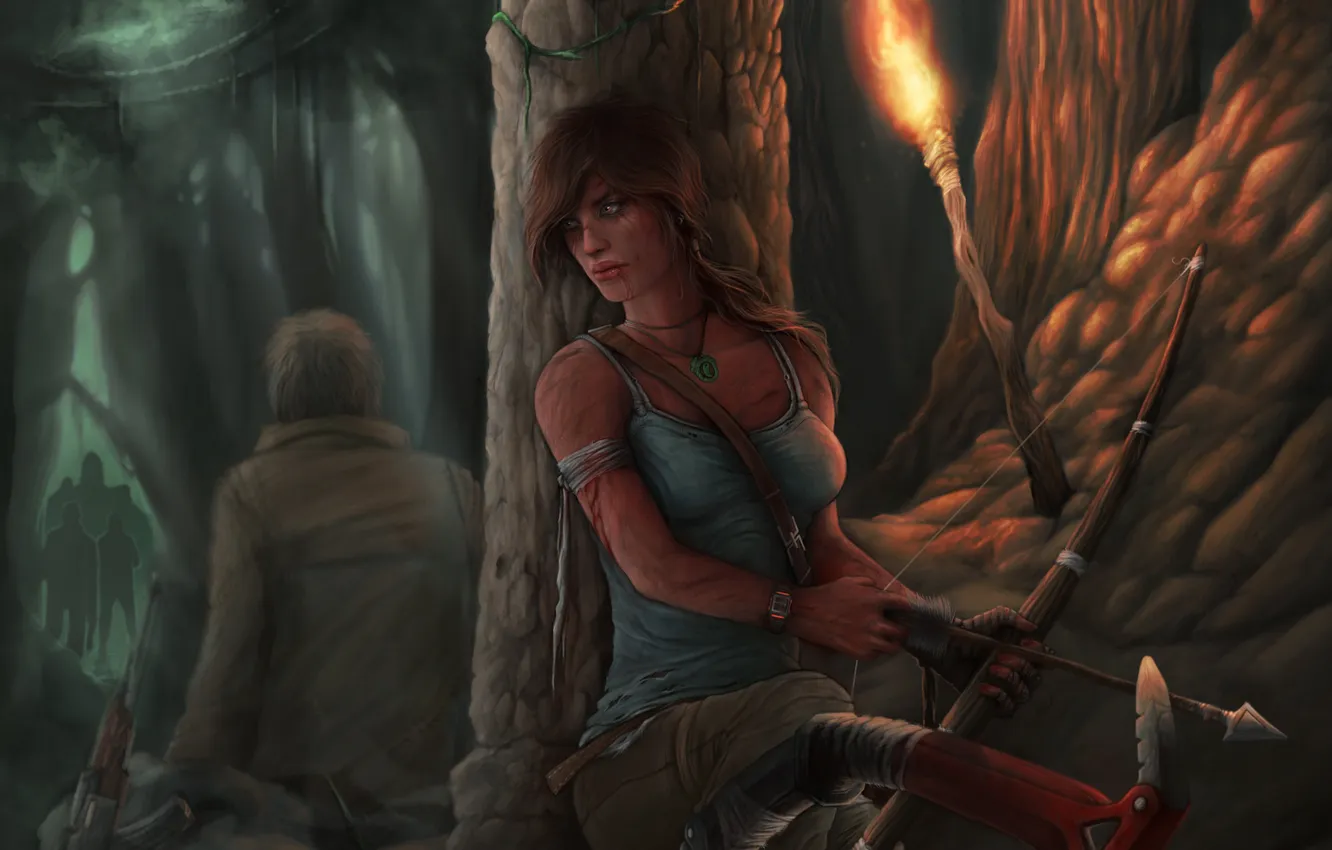 Photo wallpaper girl, weapons, people, bow, art, torch, Tomb Raider, cave