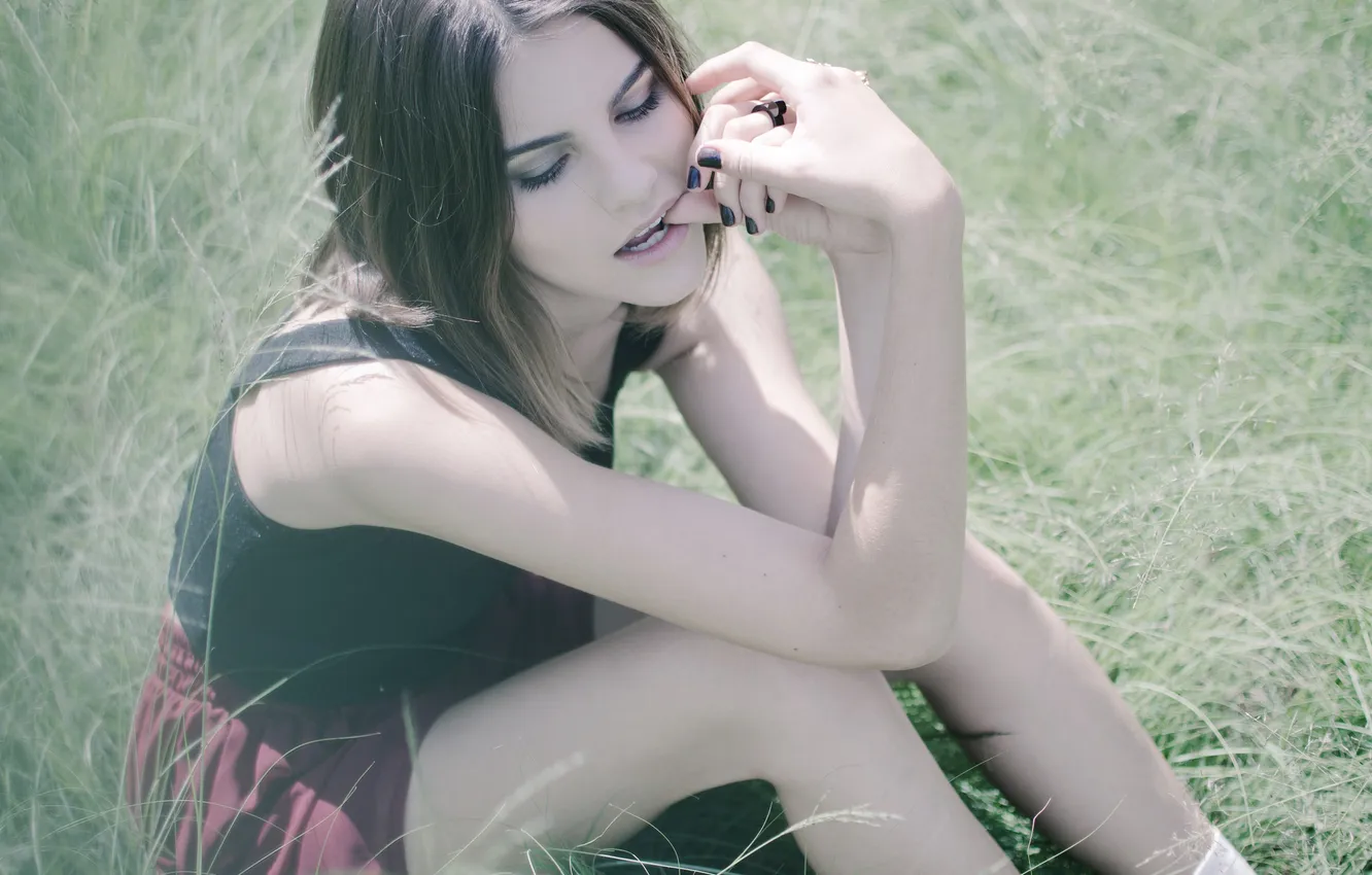 Photo wallpaper summer, grass, girl, pose, sitting