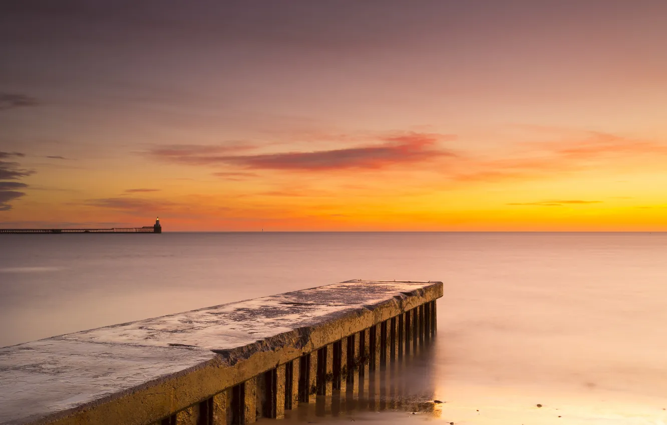 Photo wallpaper sea, the sky, sunset, lighthouse, pier, pierce