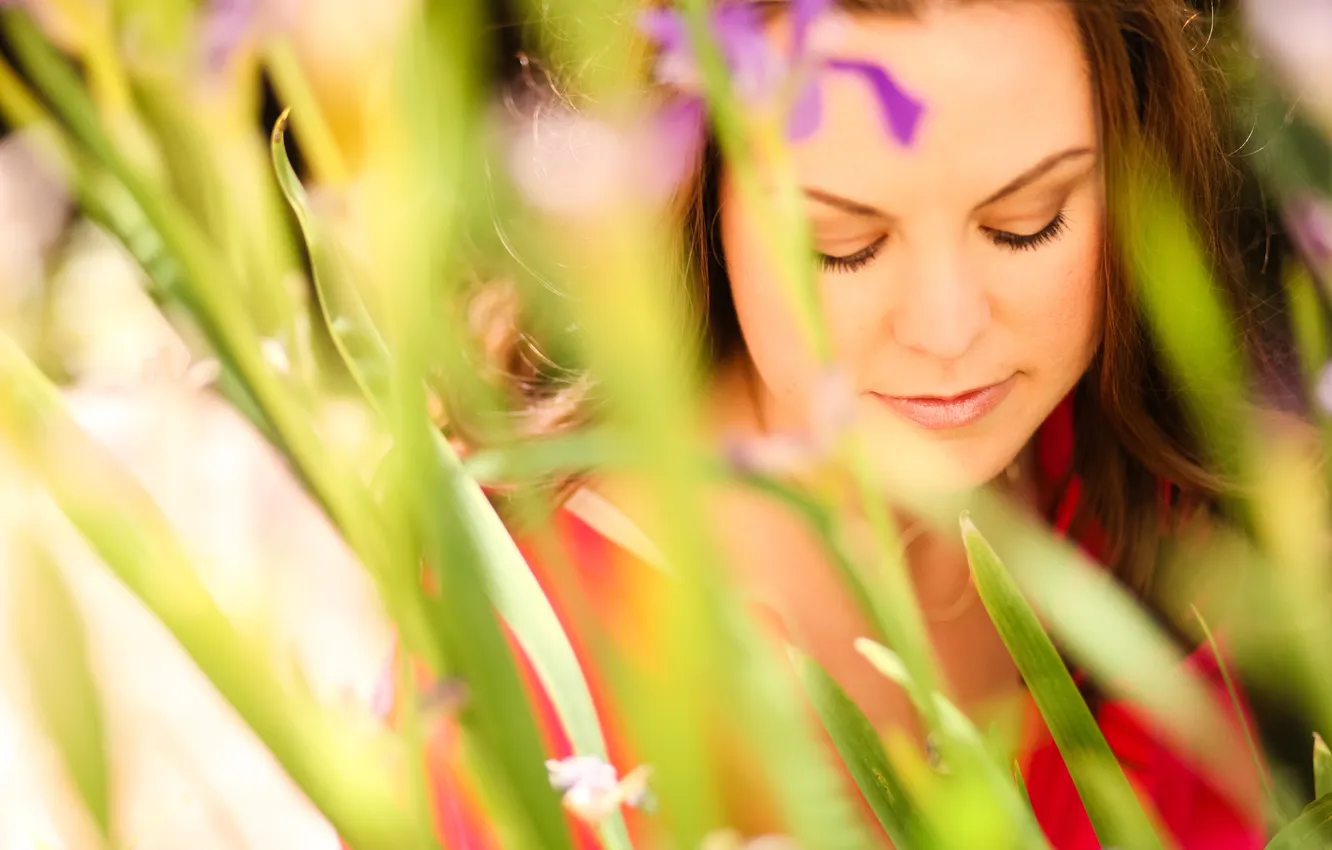 Photo wallpaper field, girl, flowers