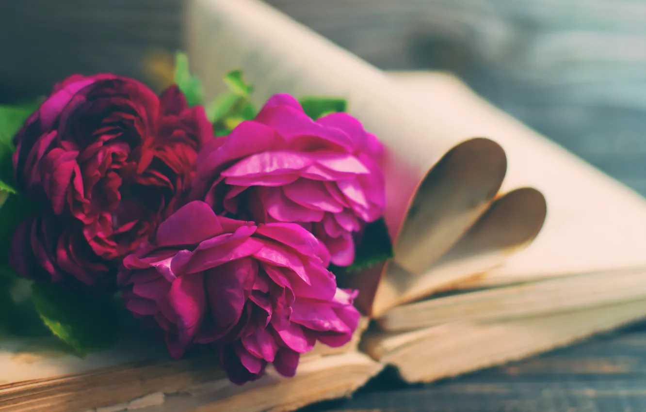 Photo wallpaper vintage, wood, flowers, beautiful, peonies, purple, book, peony