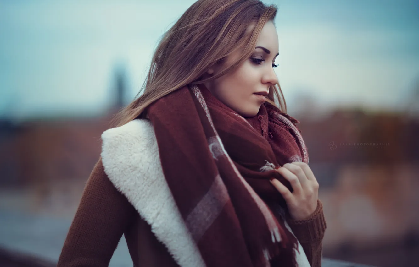 Photo wallpaper autumn, girl, clothing, portrait, scarf, coat