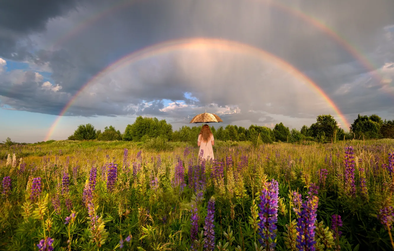 Photo wallpaper field, the sky, girl, the sun, flowers, nature, rainbow, umbrella