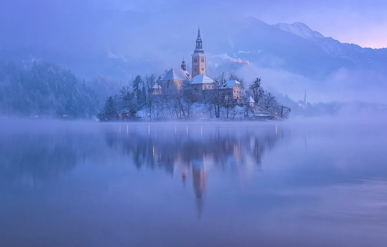 Photo wallpaper mountains, fog, the evening, morning, lake bled