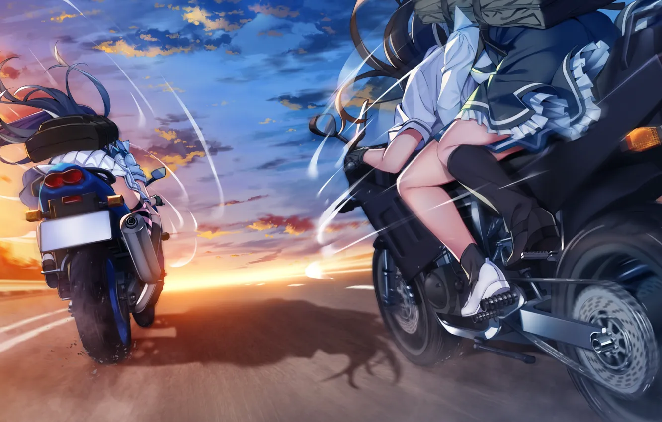 Photo wallpaper road, girls, motorcycles, speed, anime, Grisaia: Phantom Trigger