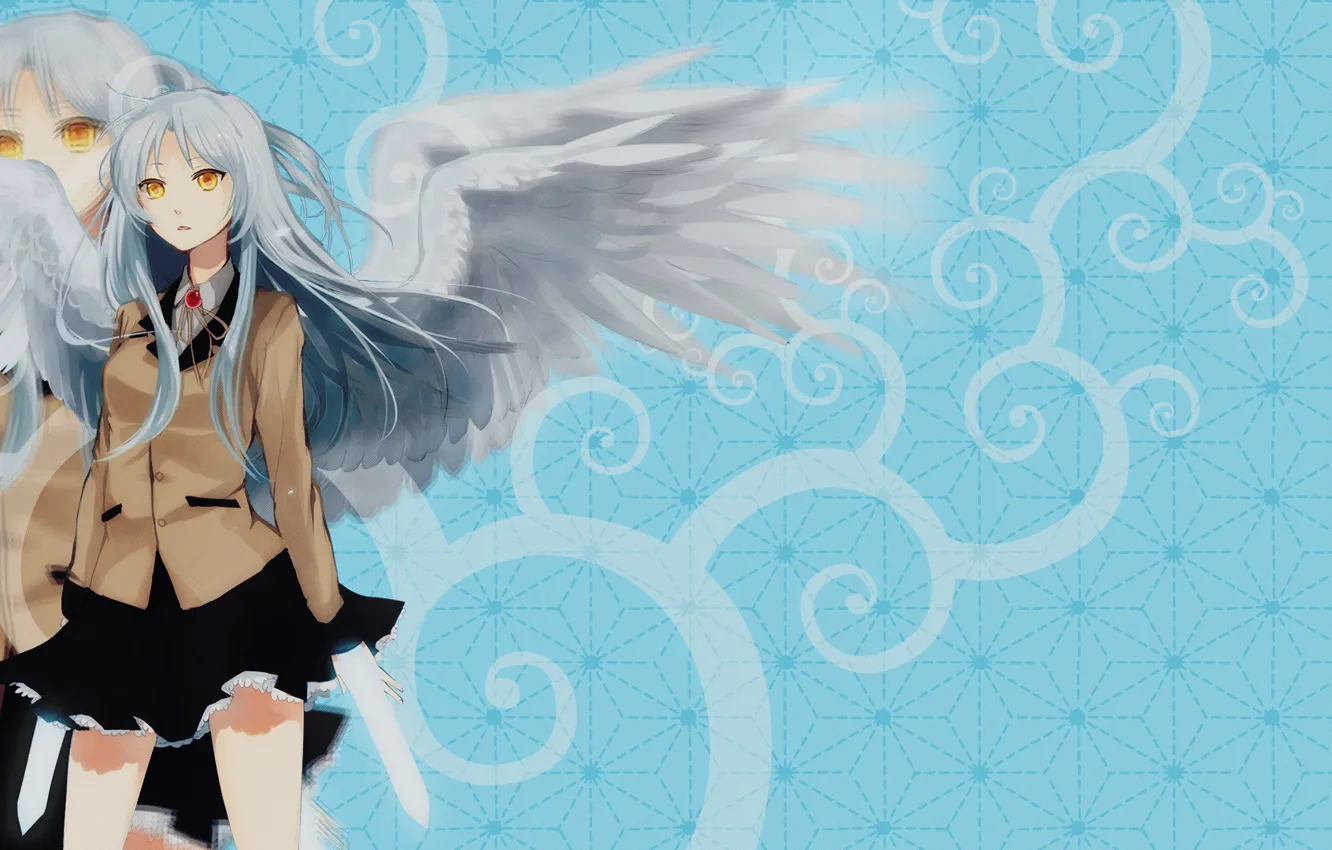 Photo wallpaper wings, anime, schoolgirl, long hair, white hair, wings, angel beats, angel beats