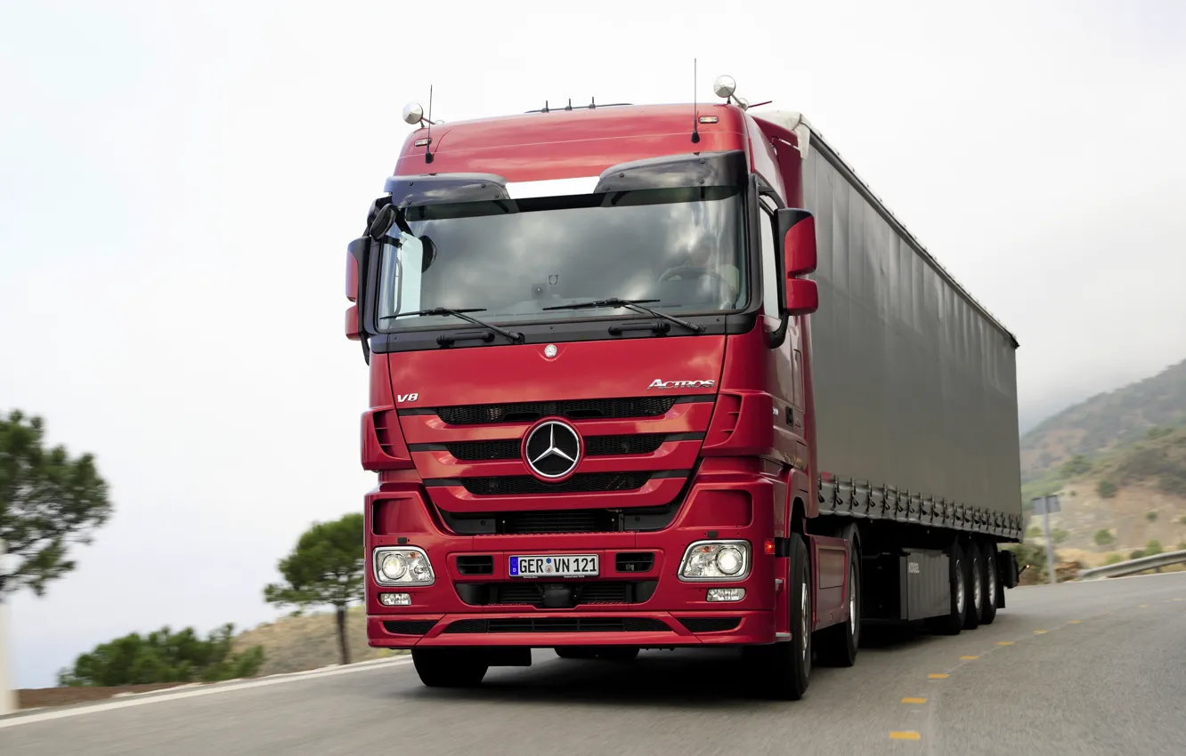 Photo wallpaper road, red, Mercedes-Benz, 2007, tractor, 4x2, Actros, the trailer
