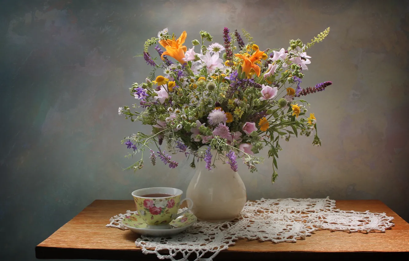 Photo wallpaper flowers, table, background, tea, Cup, vase, still life, tablecloth