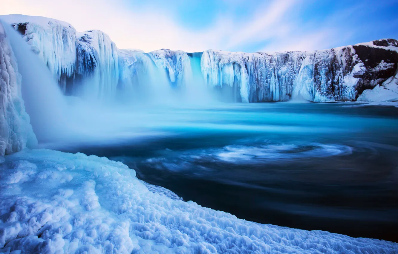 Photo wallpaper winter, water, snow, waterfall, Iceland, sky, landscape, nature