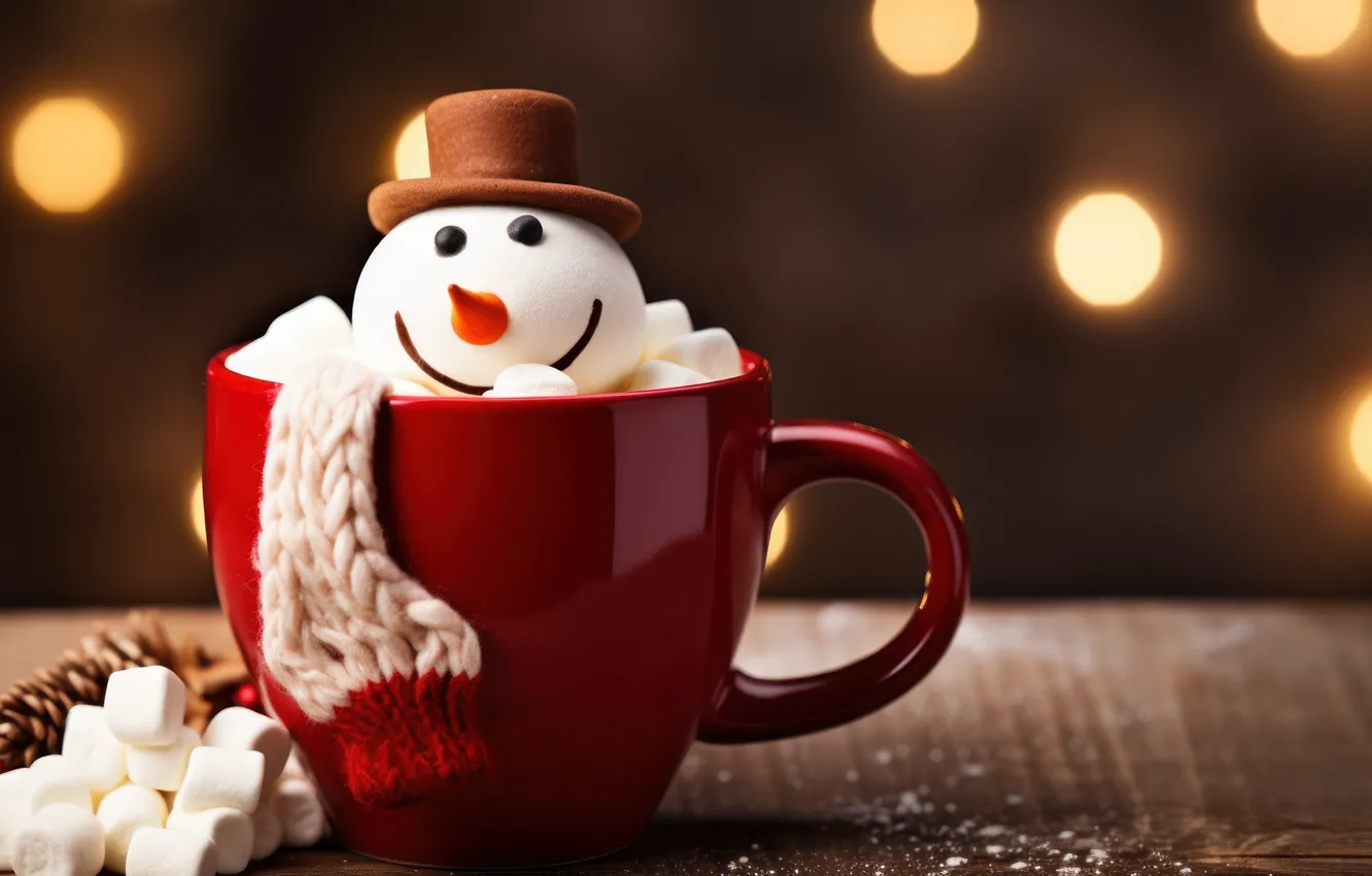 Photo wallpaper red, lights, table, Board, new year, Christmas, mug, Cup