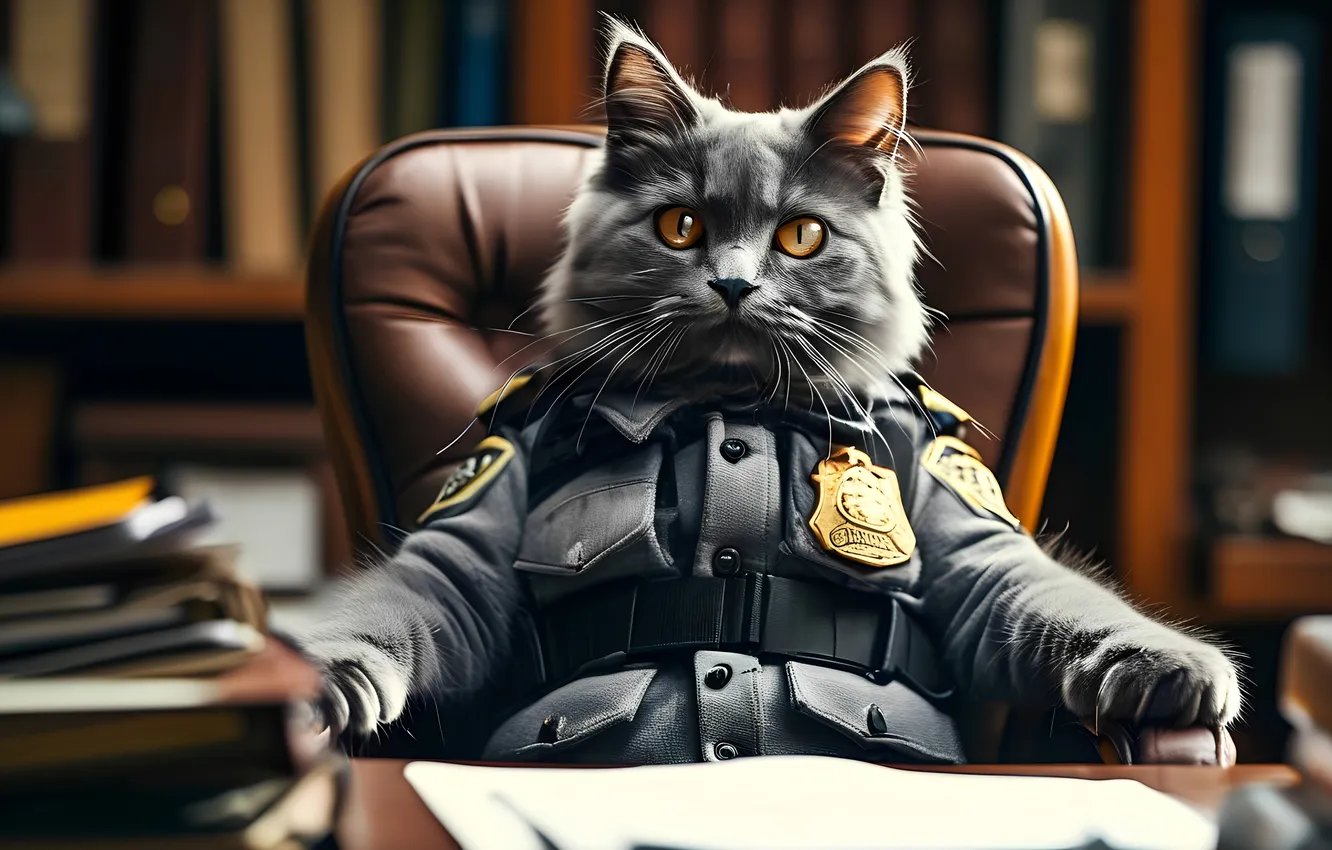 Photo wallpaper cat, police, chair, office, documents, police officer, police costume
