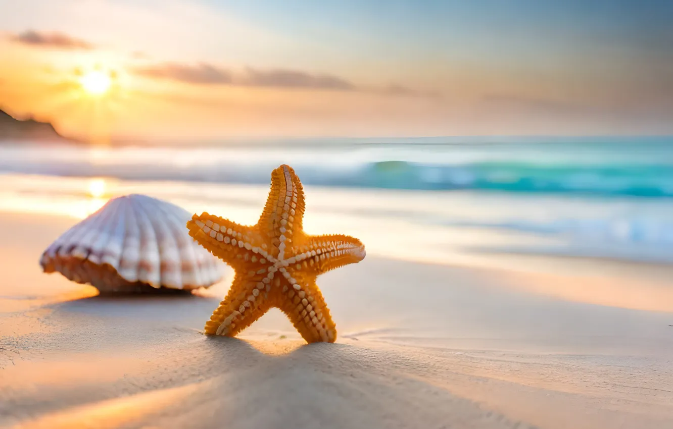 Photo wallpaper sand, sea, beach, summer, sunset, shell, summer, beach