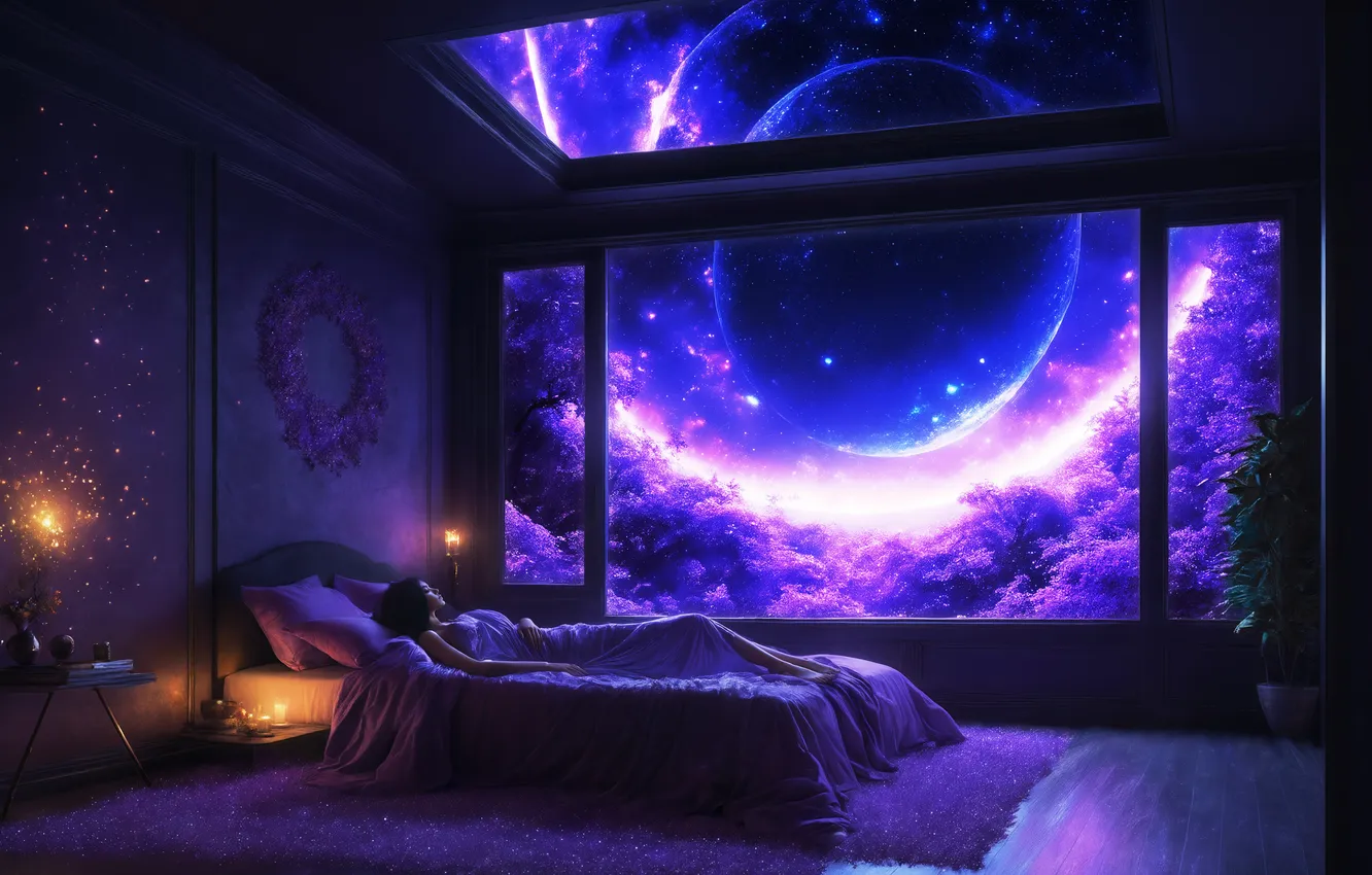 Photo wallpaper dreams, night, room, magic, sleep, beauty, Planet, window