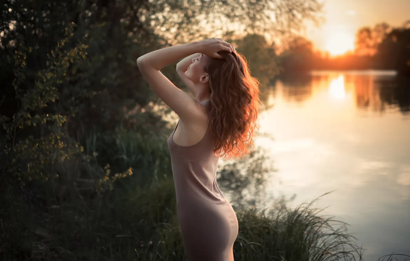 Photo wallpaper greens, grass, nature, pose, lake, dawn, hair, dress
