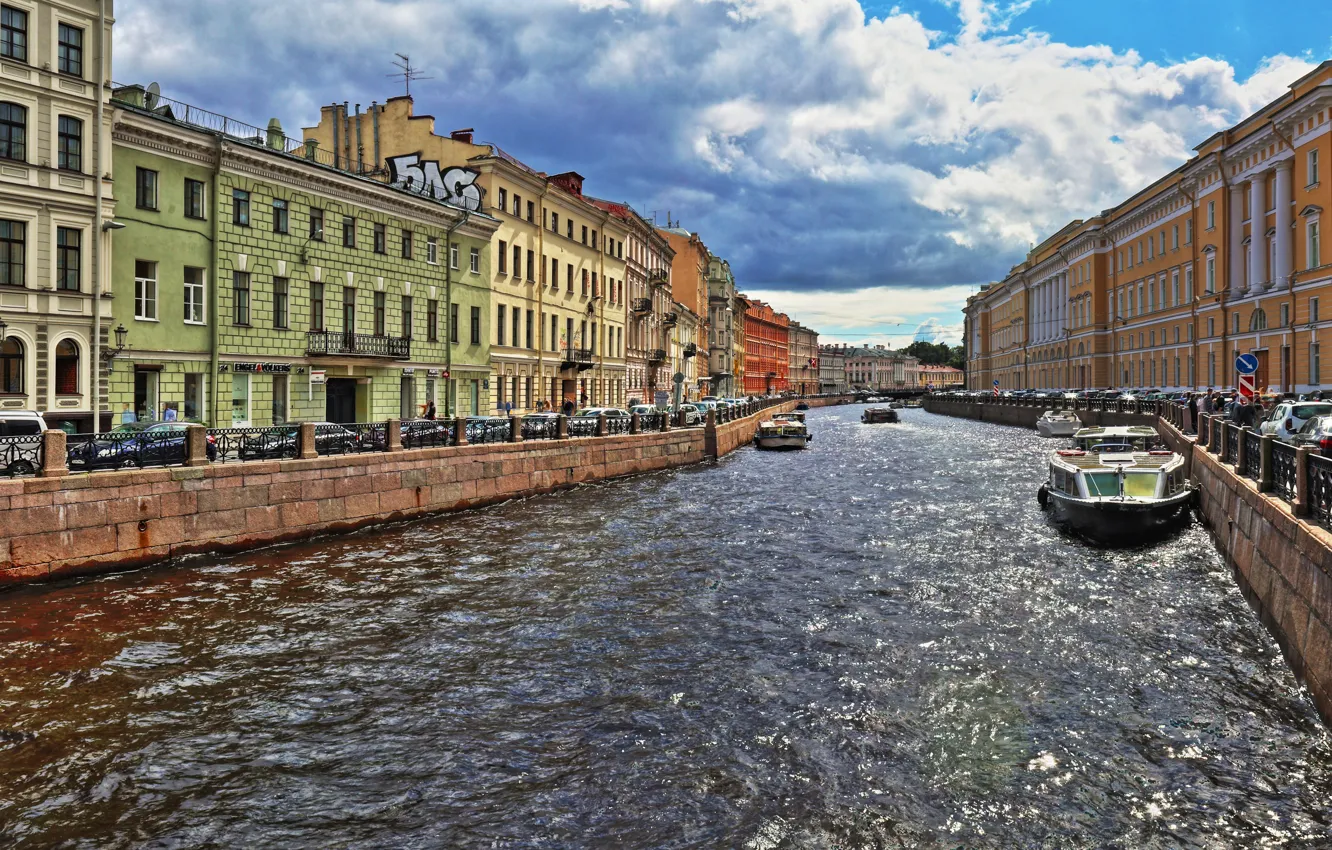 Photo wallpaper clouds, glare, river, boat, Sink, Saint Petersburg