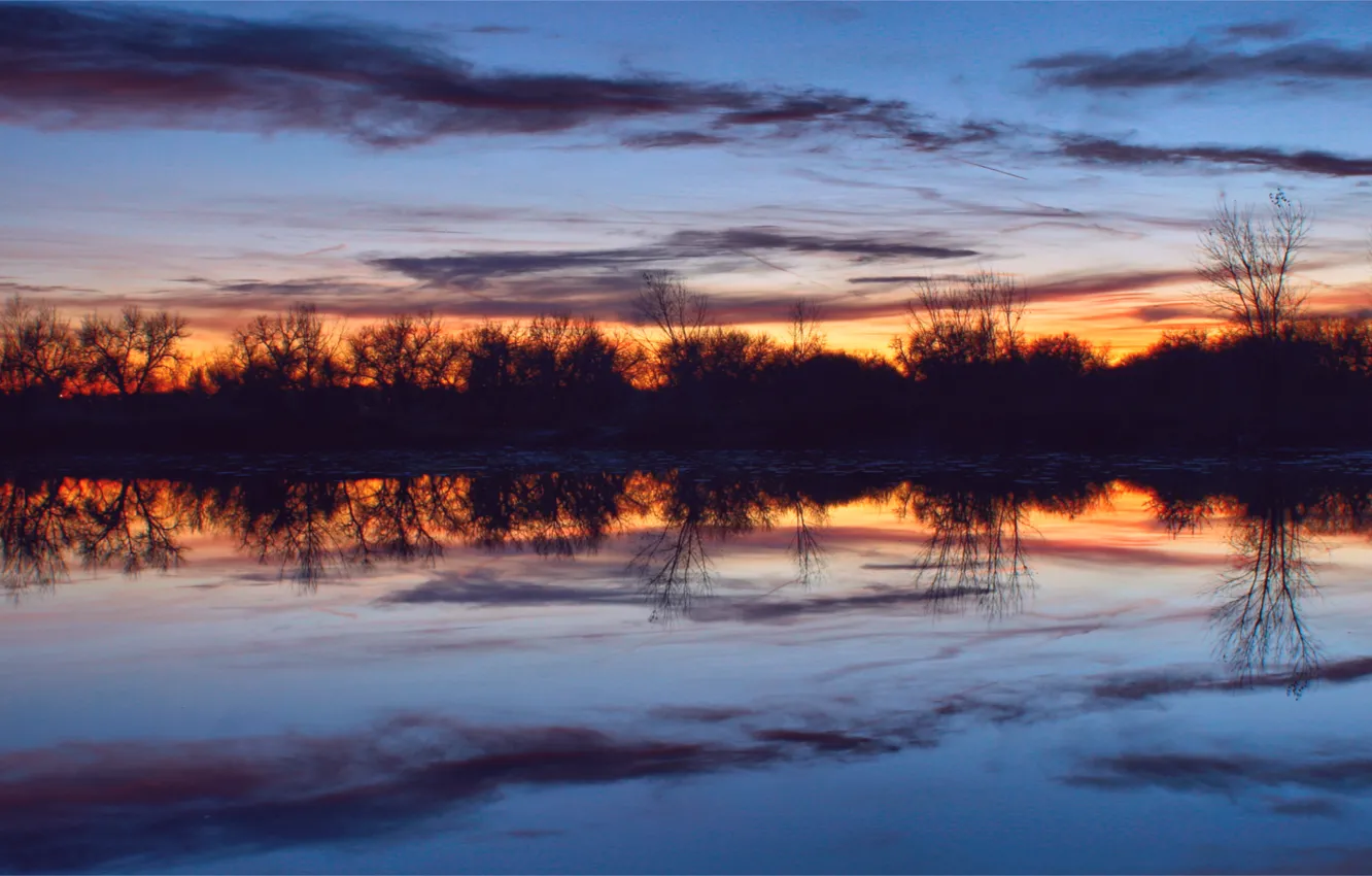 Photo wallpaper the sky, water, clouds, trees, sunset, orange, surface, reflection