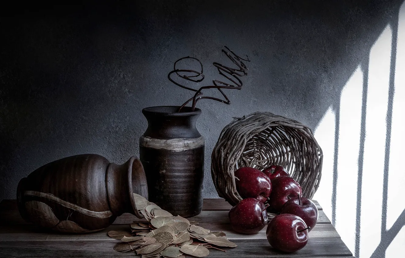 Photo wallpaper basket, apples, pitcher, still life, Laurel, Waiting for the Snow White