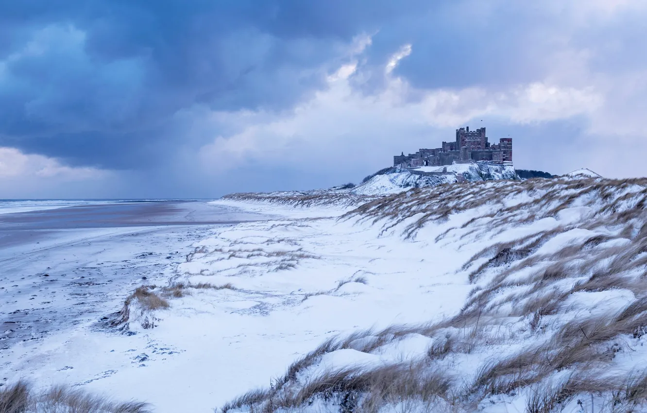 Photo wallpaper winter, snow, England, Northumberland, Bamburgh castle