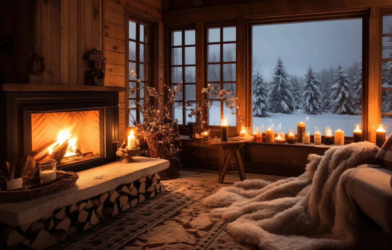 Photo wallpaper winter, snow, comfort, room, sofa, fire, the evening, candles