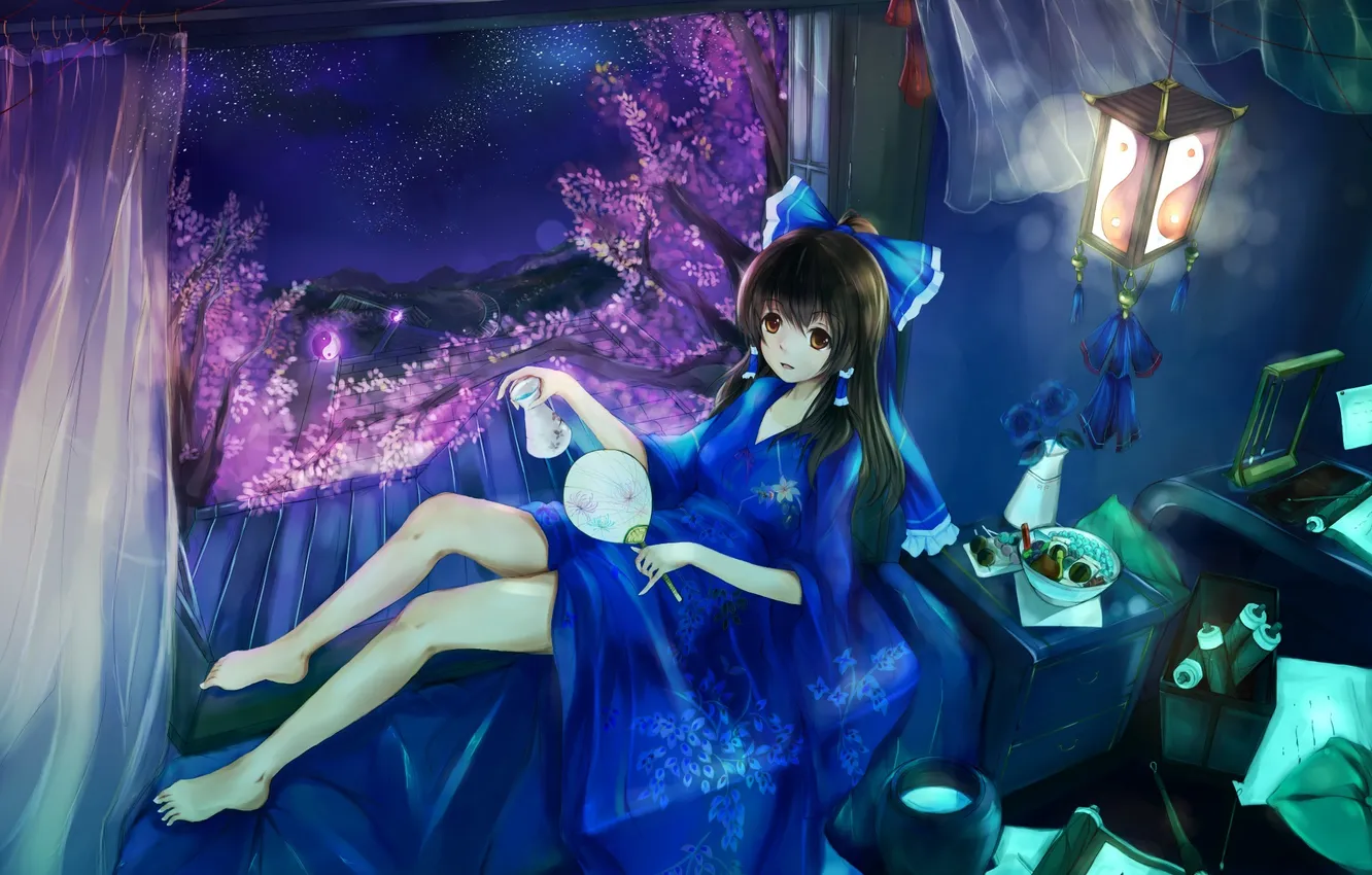 Photo wallpaper girl, joy, night, pose, room, mood, Sakura, lantern