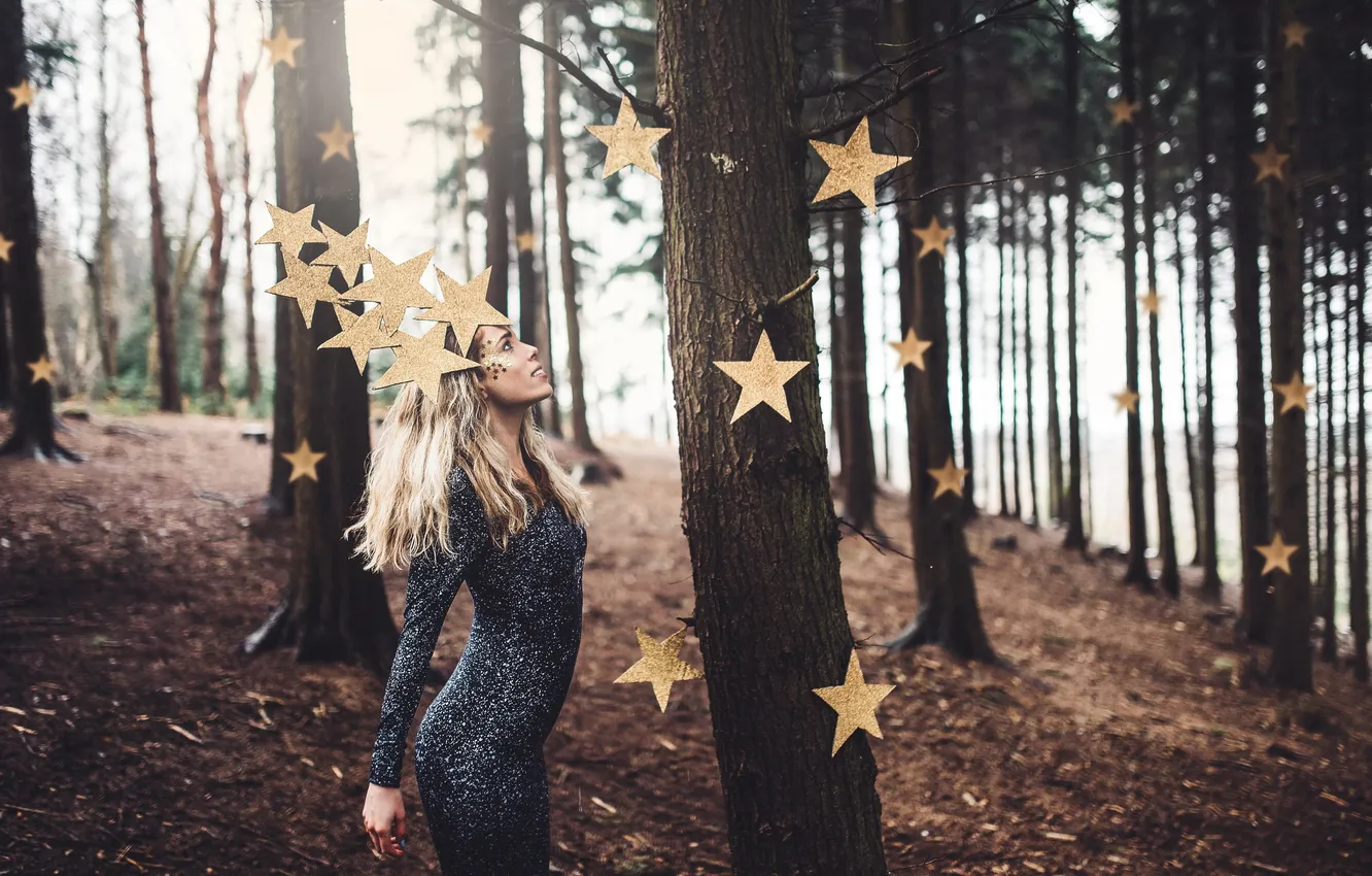 Photo wallpaper forest, girl, stars
