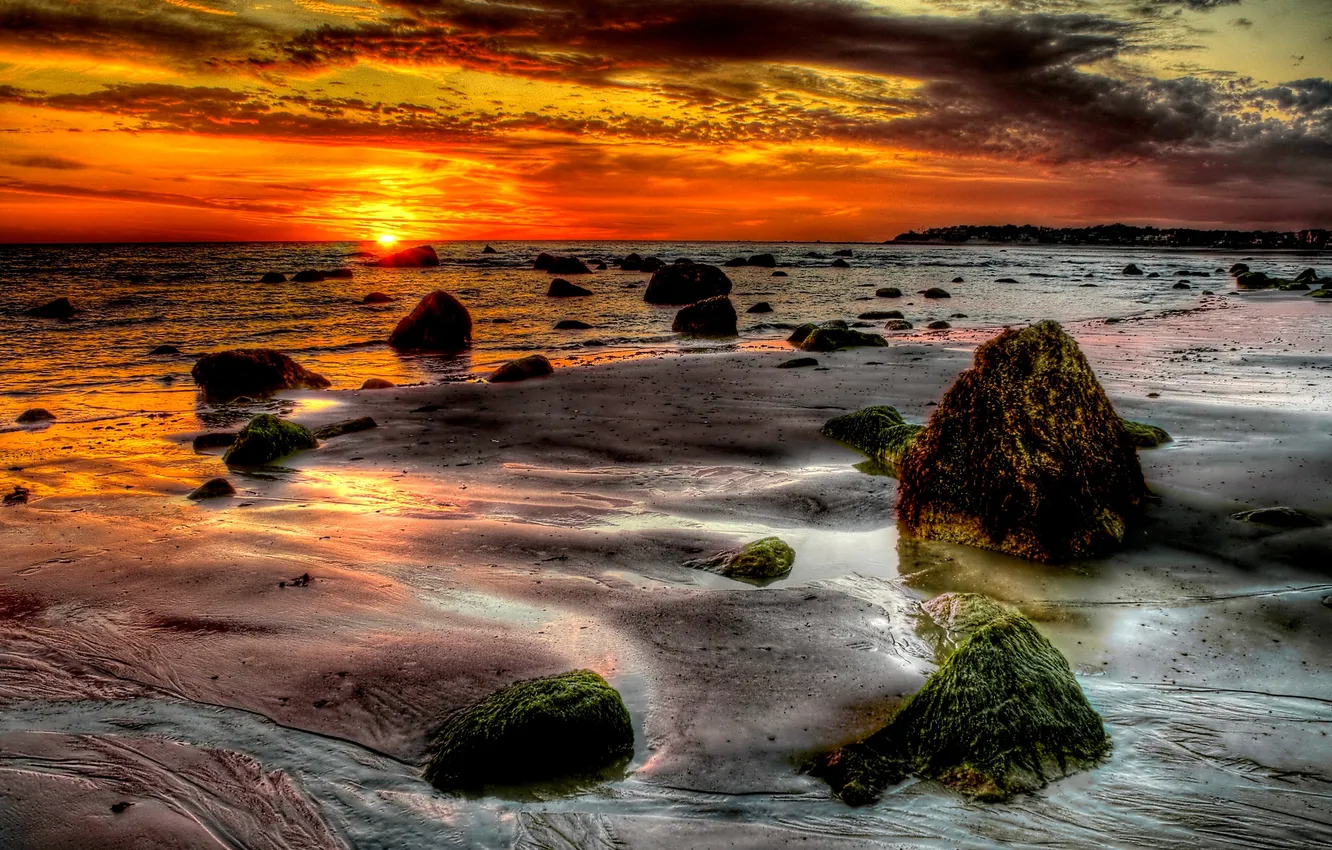 Photo wallpaper sea, the sky, the sun, sunset, clouds, stones, shore, tide