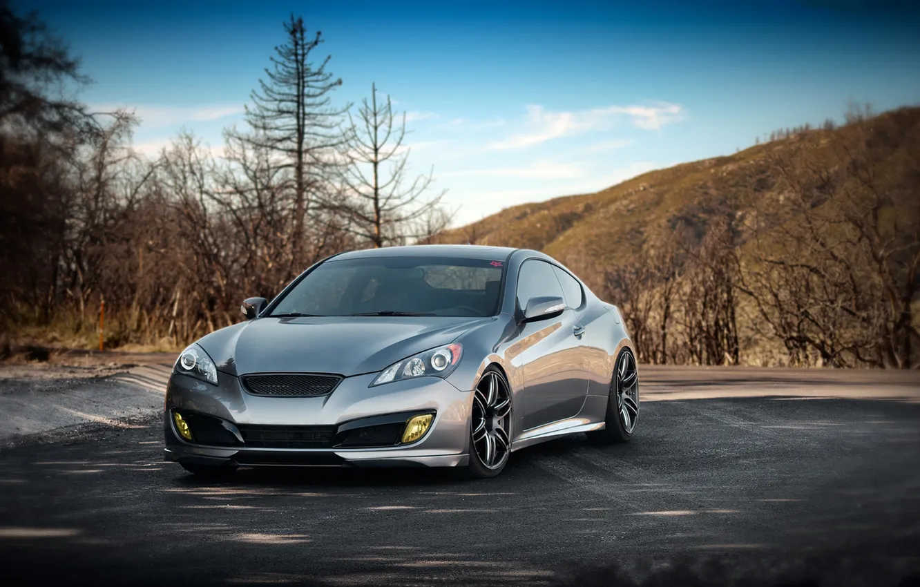 Photo wallpaper machine, auto, forest, trees, mountains, tuning, Hyundai, Coupe