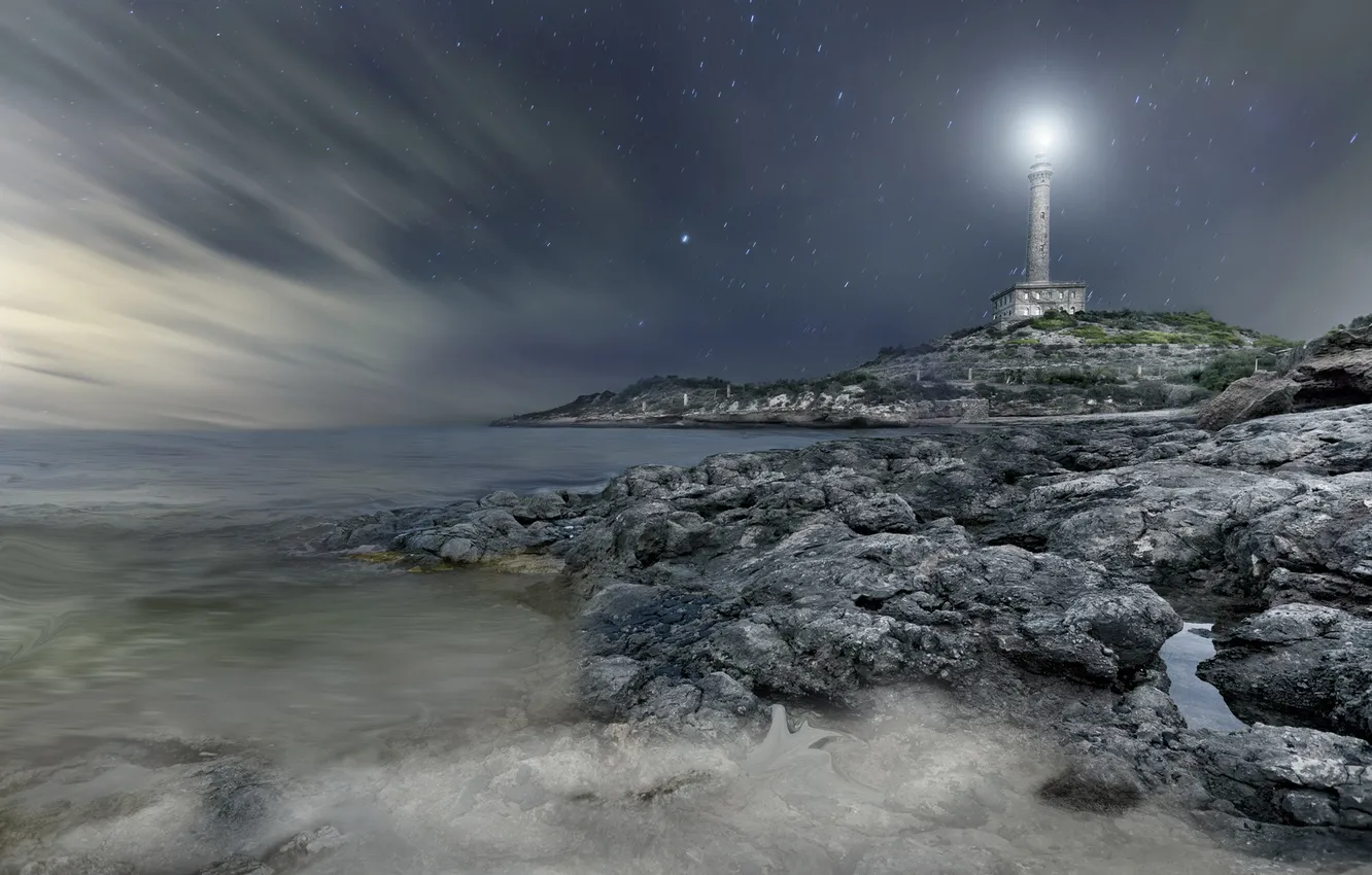 Photo wallpaper sea, landscape, night, lighthouse