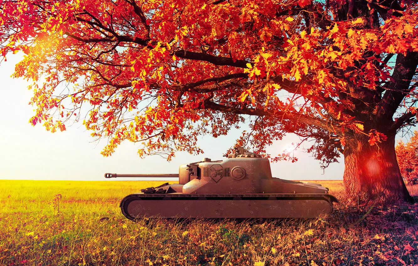 Photo wallpaper autumn, leaves, tree, England, tank, UK, wot, World of Tanks