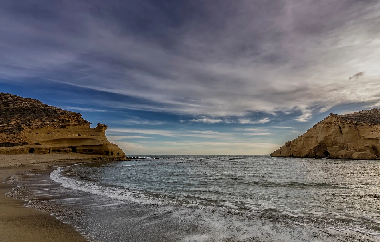 Photo wallpaper waves, beach, sky, sea, landscape, water, clouds, sand